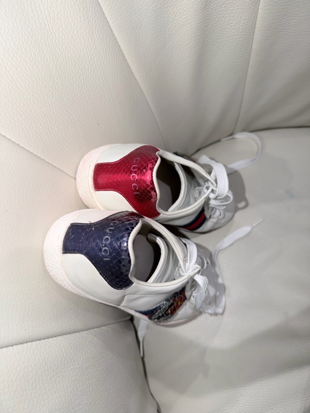 Gucci White Leather Sneakers with Red & Navy Web and Embellishment - Picture 3 of 6